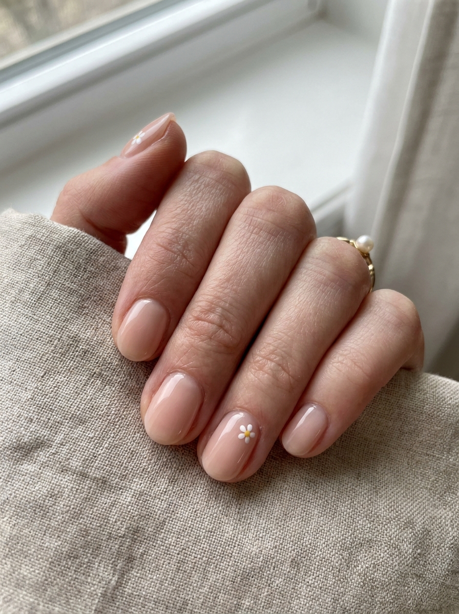 Minimalistische Blumennägel mit sehr kleinen Blütenakzenten